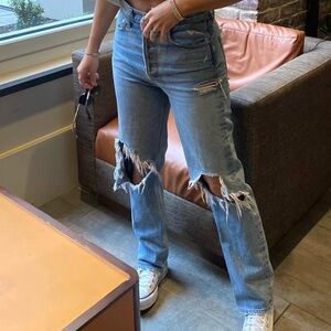 Agolde Light Blue Distressed Straight-Leg Jeans